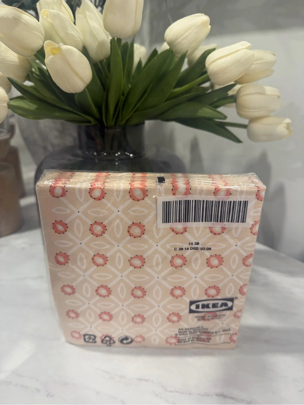 IKEA MEDDELA 30-Pack 13” Square Patterned Napkins in Cream Pink and Coral Pink